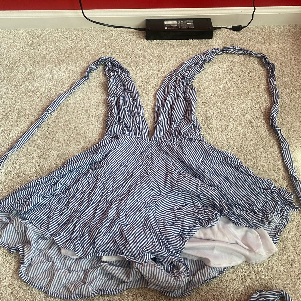 blue and white stripped romper size small